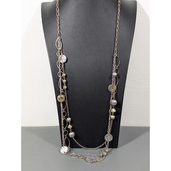 Chico's Jewelry - Chicos Two Tone Multi Chain Long Necklace Hammered Oval Link Boho Coastal Chic